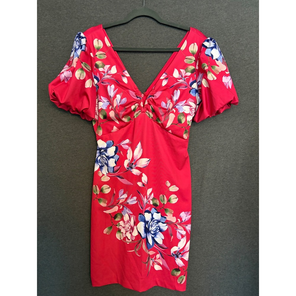 GUESS Hot Pink‎ Floral V Neck Twist Front Puff Sleeve Bodycon Dress Size 10
